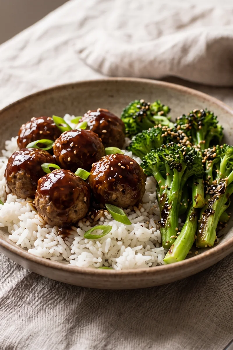 Sticky Hoisin Meatball Rice Bowls with Broccoli - Oven meatballs rolled through sticky hoisin glaze over rice and sesame broccoli