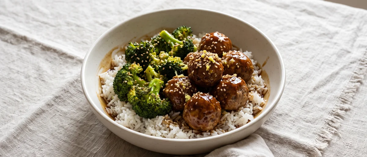 Sticky Hoisin Meatball Rice Bowls with Broccoli - Oven meatballs rolled through sticky hoisin glaze over rice and sesame broccoli