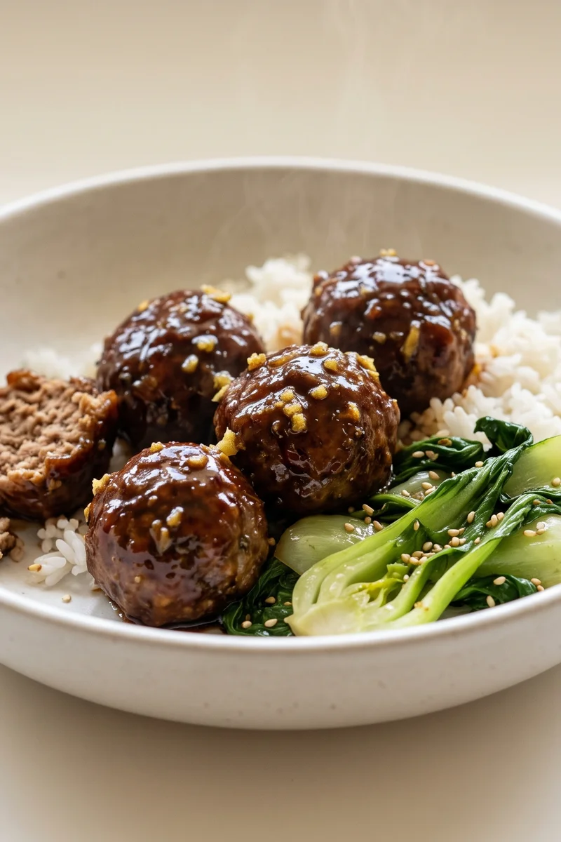 Sticky Tamari Meatballs with Sesame Greens & Rice - Beef and pork meatballs lacquered in a sticky tamari-ginger glaze with sesame bok choy and rice