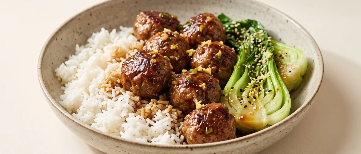 Sticky Tamari Meatballs with Sesame Greens & Rice - Beef and pork meatballs lacquered in a sticky tamari-ginger glaze with sesame bok choy and rice