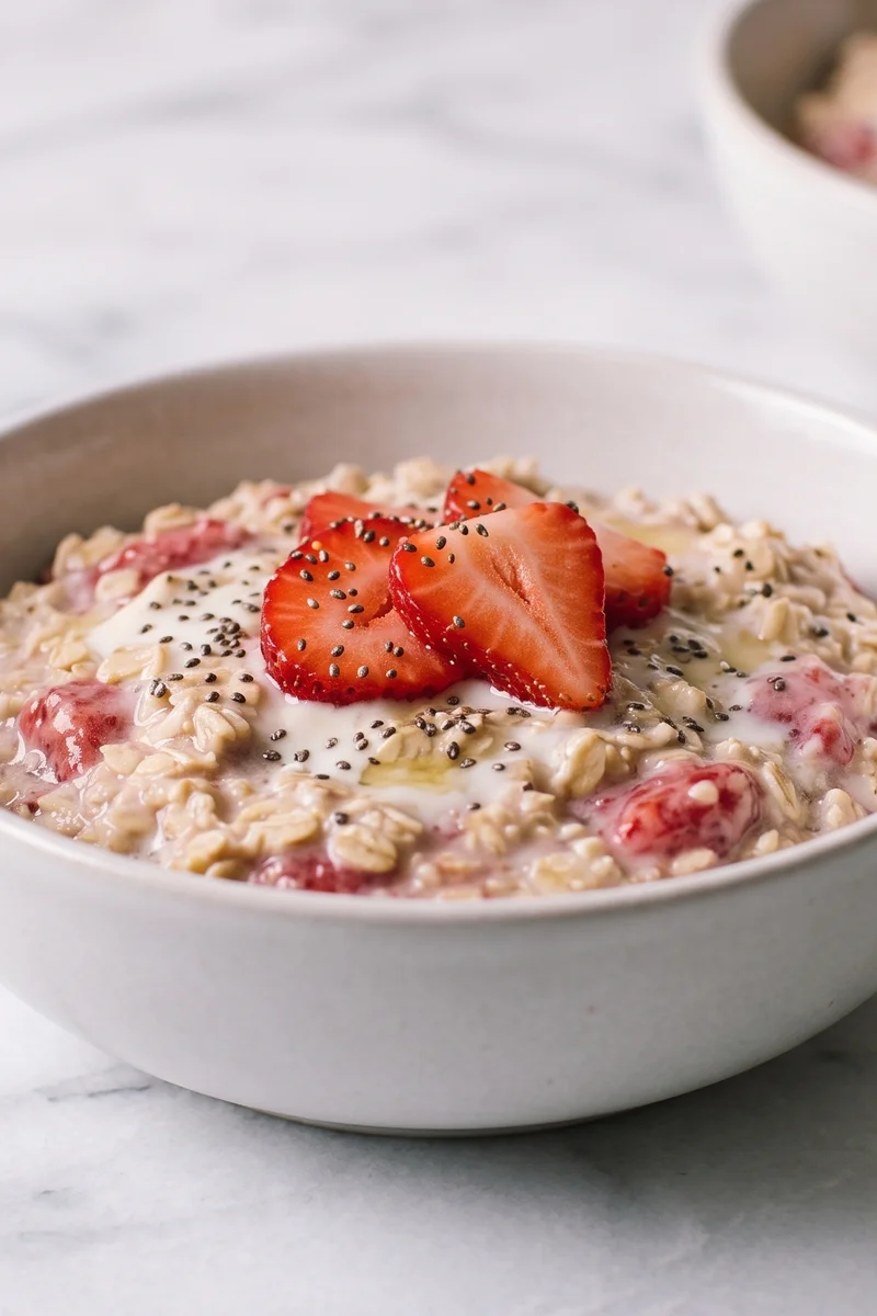 Strawberries & Cream Overnight Oats - Overnight oats folded with mashed strawberries and vanilla yogurt
