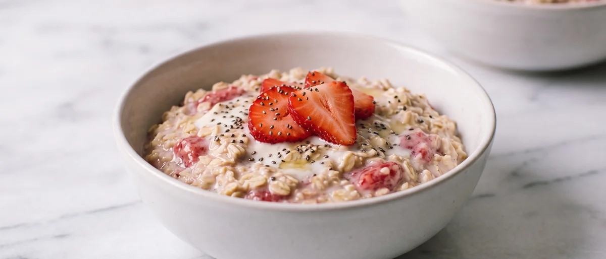 Strawberries & Cream Overnight Oats - Overnight oats folded with mashed strawberries and vanilla yogurt