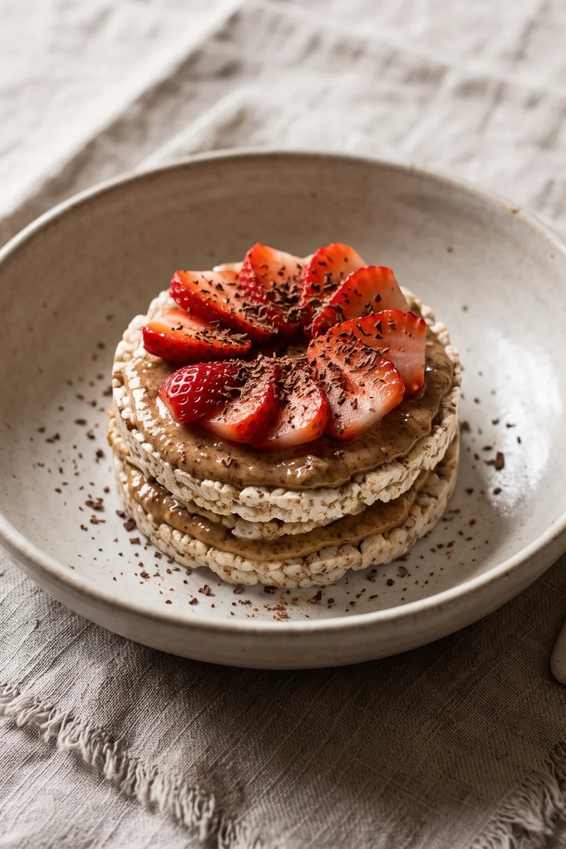 Strawberry & Almond Butter Rice Cake Stacks - Rice cakes layered with almond butter, strawberries and a whisper of dark chocolate