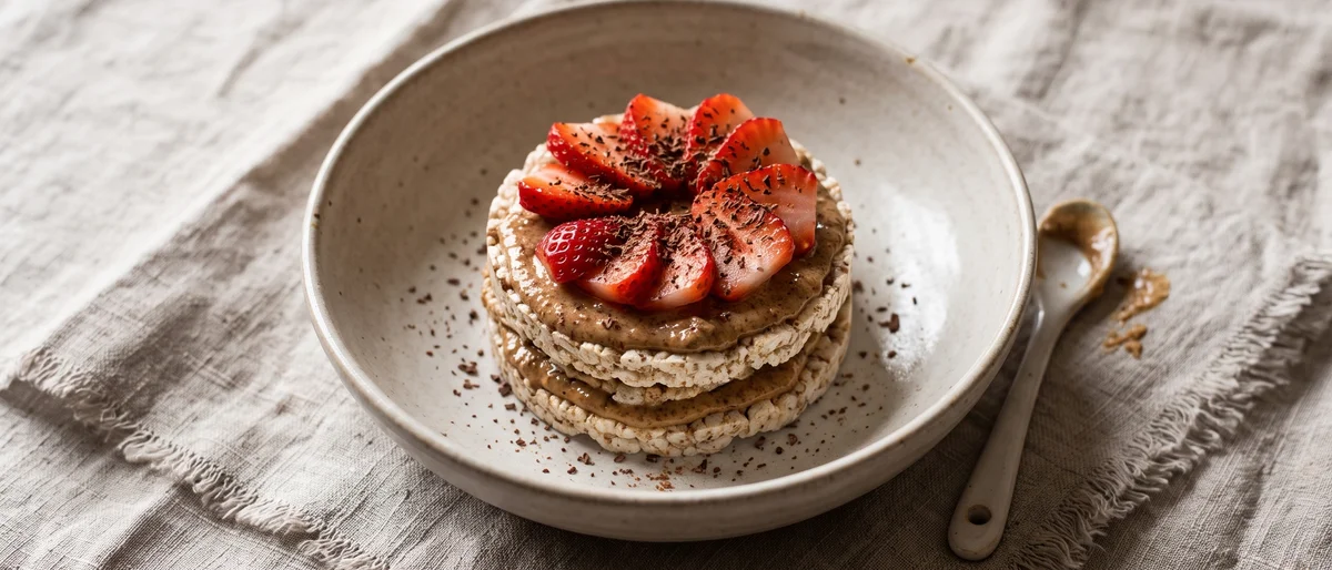 Strawberry & Almond Butter Rice Cake Stacks - Rice cakes layered with almond butter, strawberries and a whisper of dark chocolate