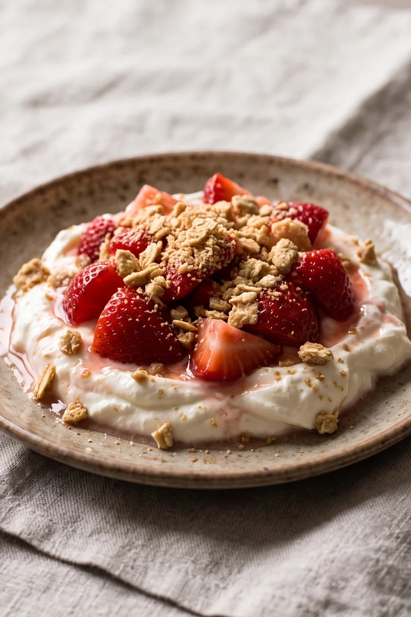 Strawberry Cheesecake Yogurt Bowls - Thick yogurt whipped with cream cheese and vanilla under macerated strawberries and biscuit crumbs