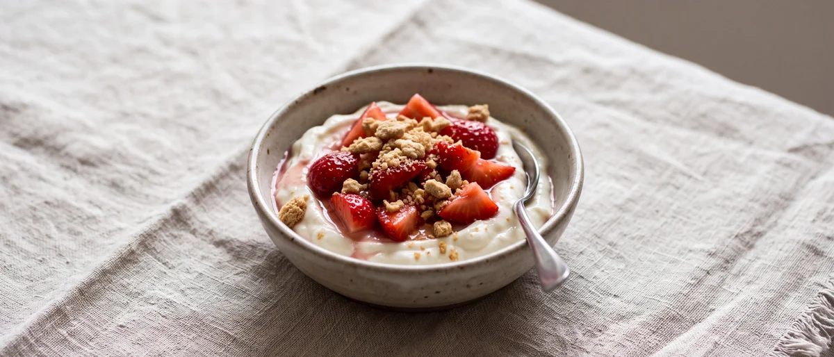 Strawberry Cheesecake Yogurt Bowls - Thick yogurt whipped with cream cheese and vanilla under macerated strawberries and cookie crumbs