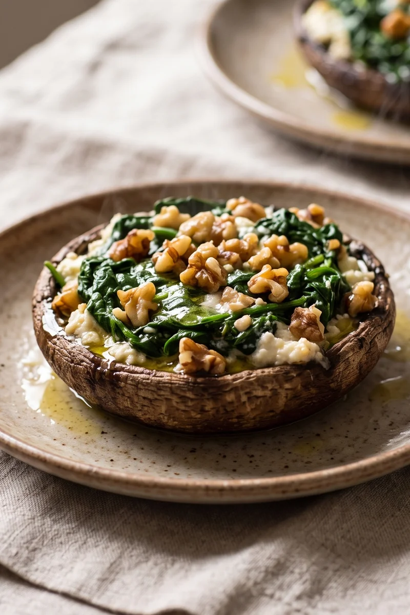 Stuffed Portobellos with Spinach, Walnuts & Ricotta - Giant portobello caps filled with garlicky spinach, ricotta and toasted walnuts