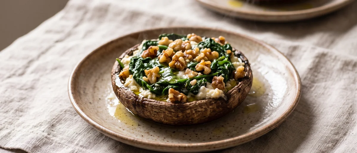 Stuffed Portobellos with Spinach, Walnuts & Ricotta - Giant portobello caps filled with garlicky spinach, ricotta and toasted walnuts