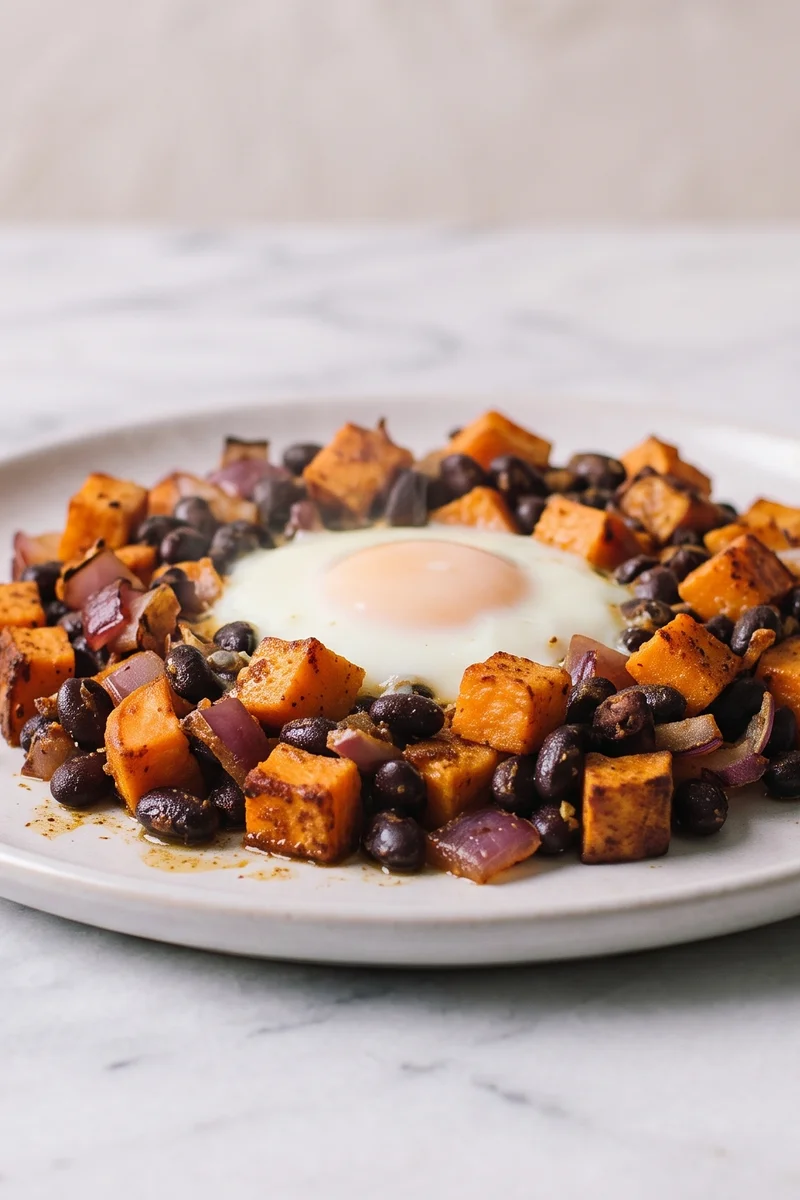 Sweet Potato & Black Bean Breakfast Hash - Crispy-edged sweet potato and black beans in one pan, topped with eggs cooked right in the hash