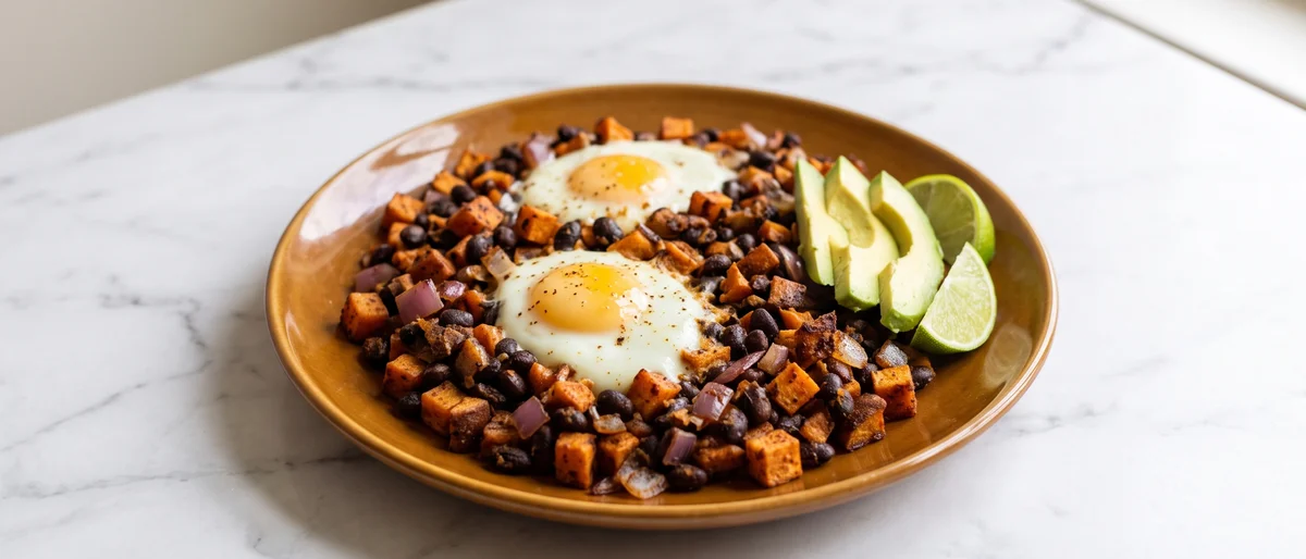 Sweet Potato & Black Bean Breakfast Hash - Crispy-edged sweet potato and black beans in one pan, topped with eggs cooked right in the hash