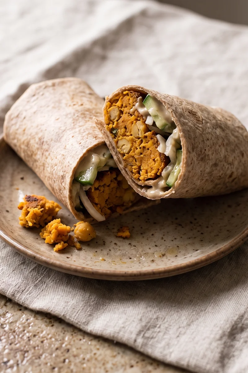 Sweet Potato Falafel-Style Fritter Wraps - Baked sweet potato and chickpea fritters in wraps with tahini sauce and quick pickles
