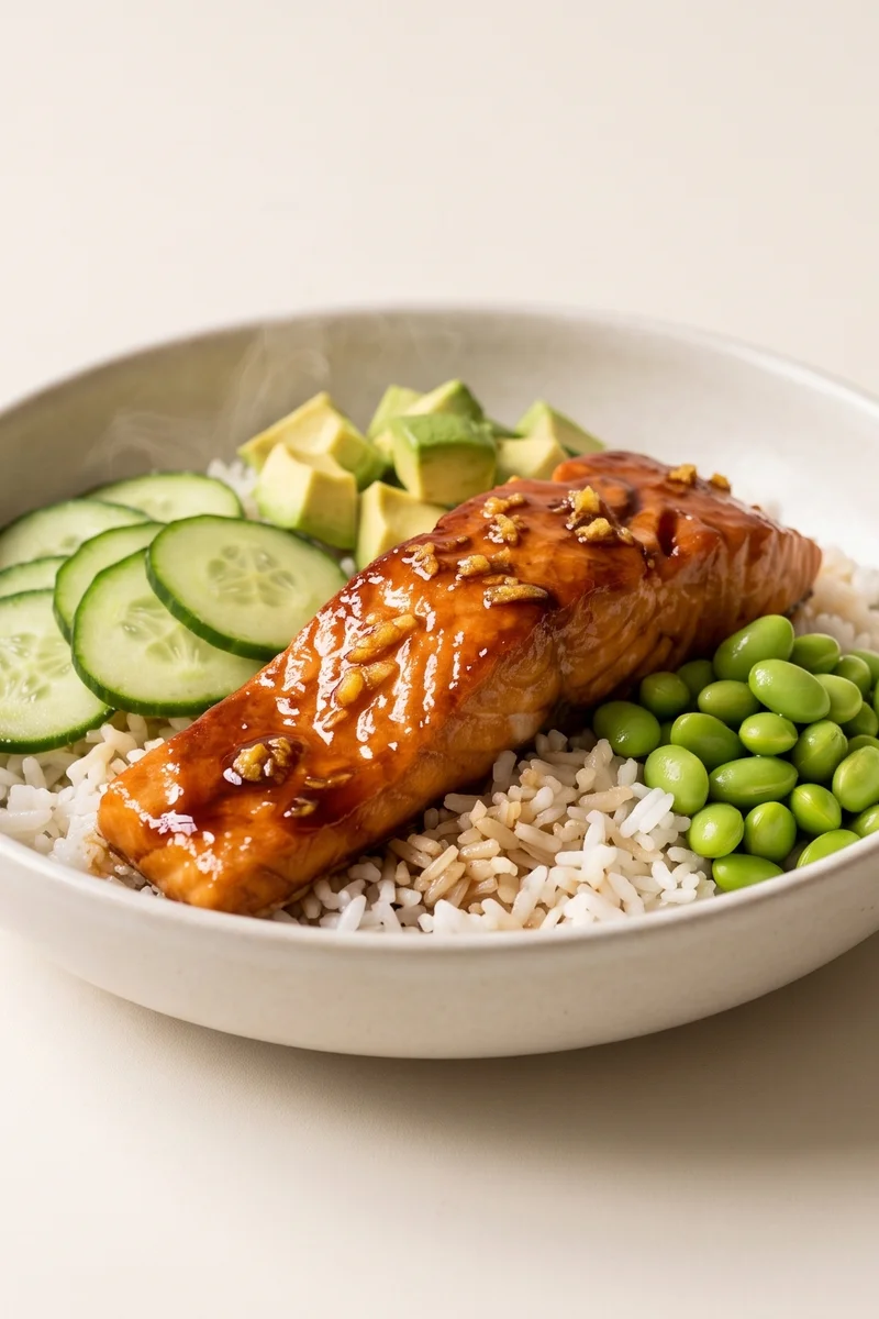 Teriyaki-Style Salmon Rice Bowls - Sticky glazed salmon over rice with cucumber, avocado and edamame