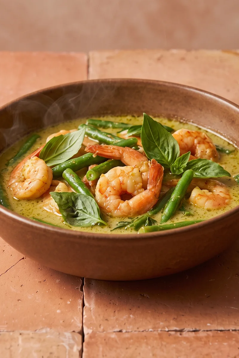 Thai-Style Green Curry with Shrimp & Green Beans - A fragrant coconut green curry with shrimp, green beans and Thai basil