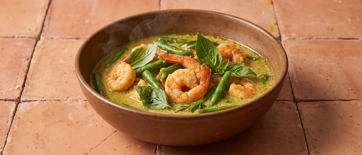 Thai-Style Green Curry with Shrimp & Green Beans - A fragrant coconut green curry with shrimp, green beans and Thai basil