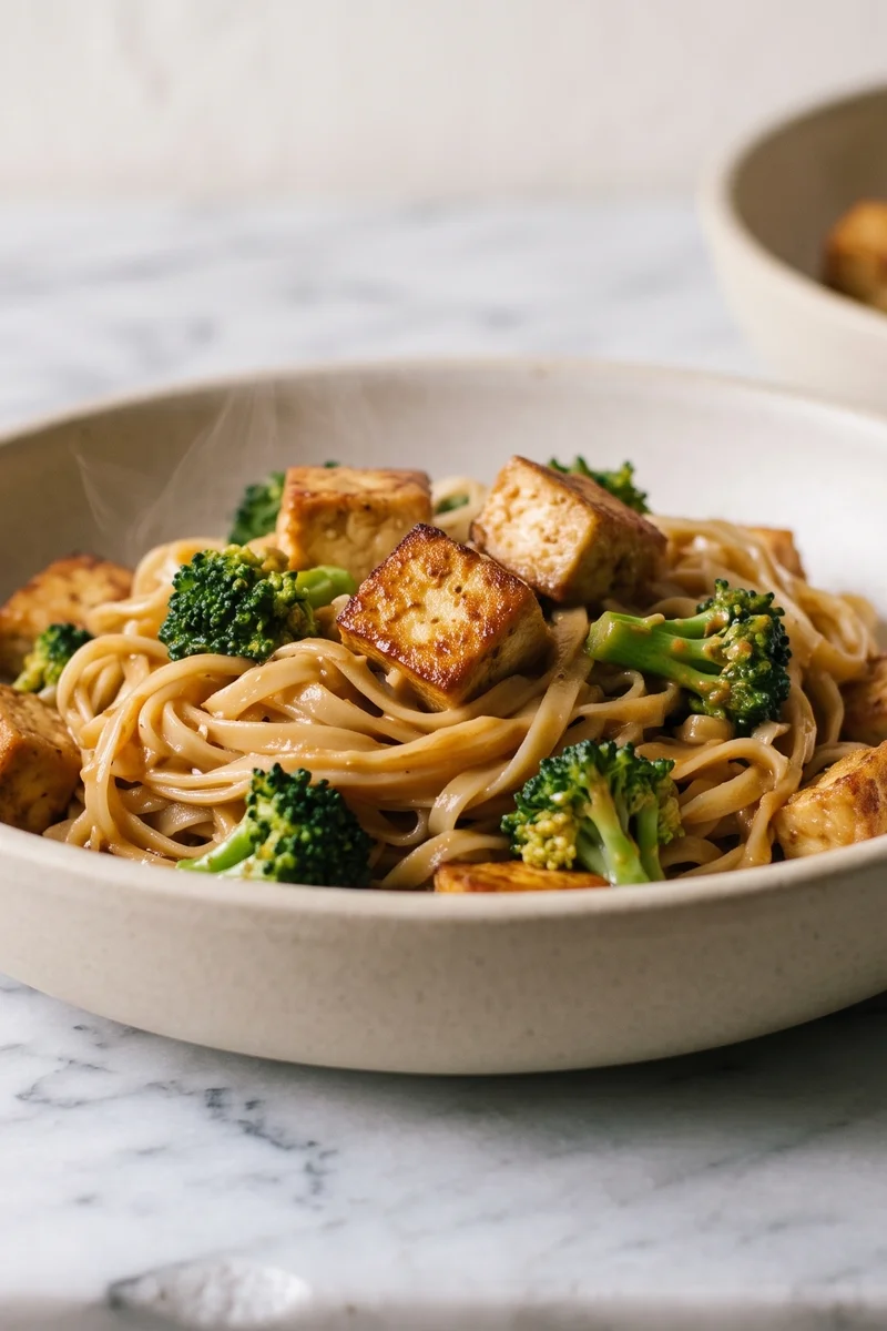 Tofu & Broccoli Peanut Noodles - Crispy tofu and broccoli tossed with noodles in a gingery peanut sauce