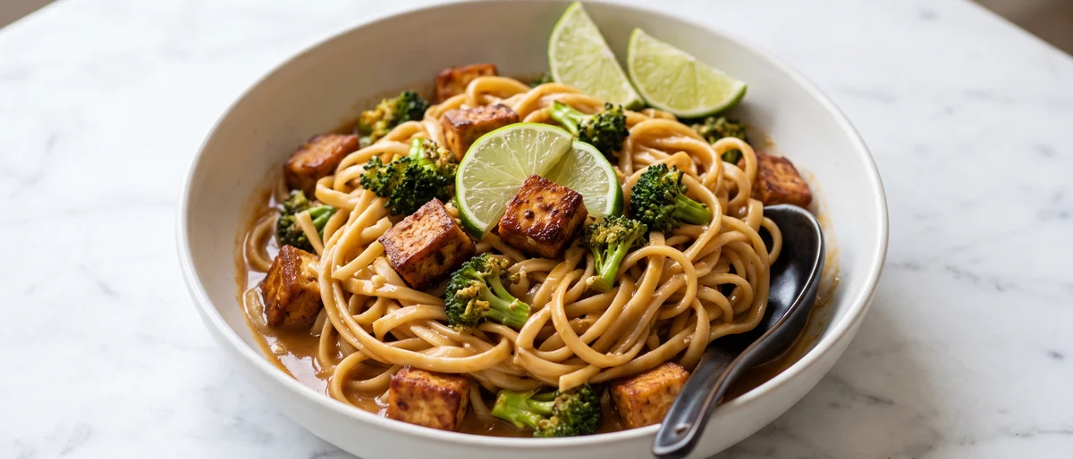 Tofu & Broccoli Peanut Noodles - Crispy tofu and broccoli tossed with noodles in a gingery peanut sauce