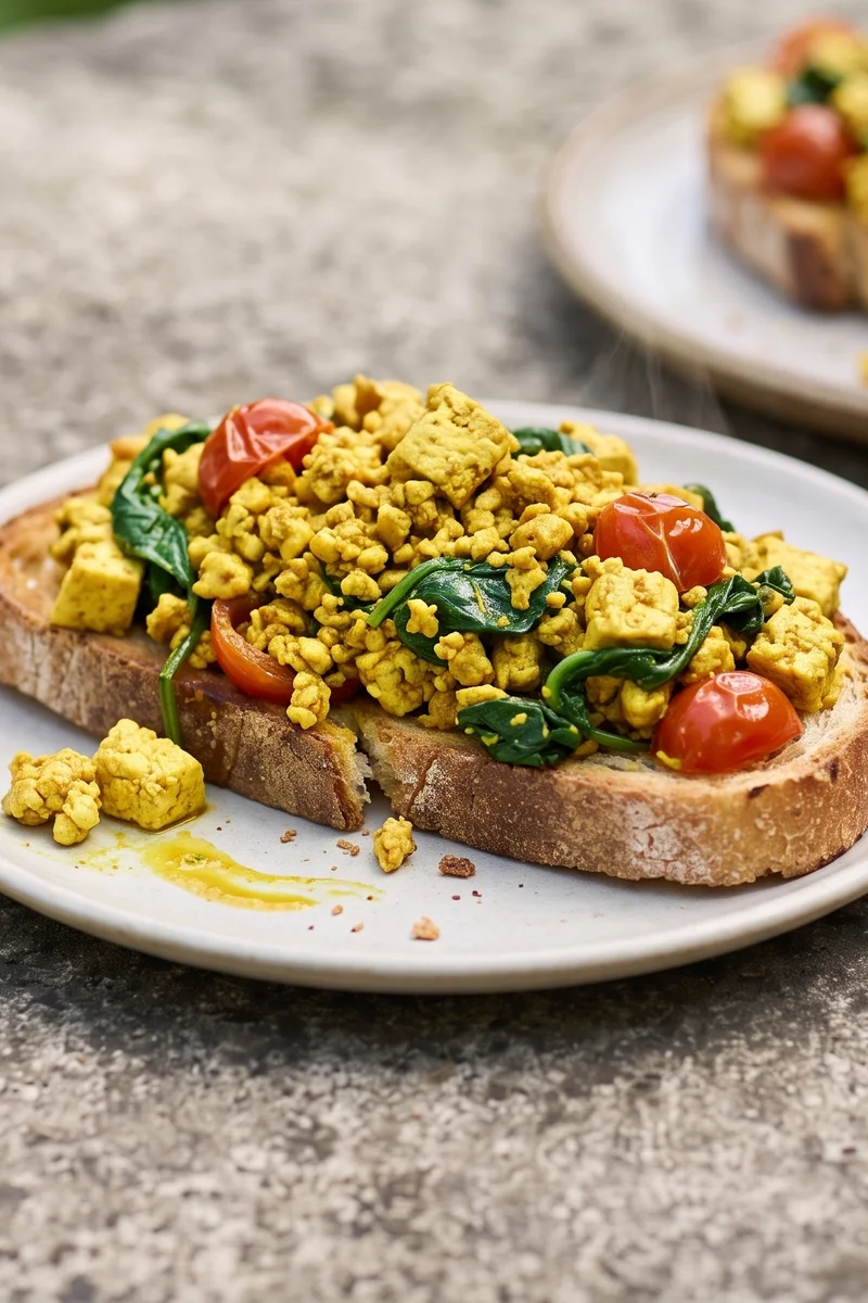 Tofu & Spinach Breakfast Scramble on Toast - Turmeric-golden tofu scramble with spinach and cherry tomatoes on toast