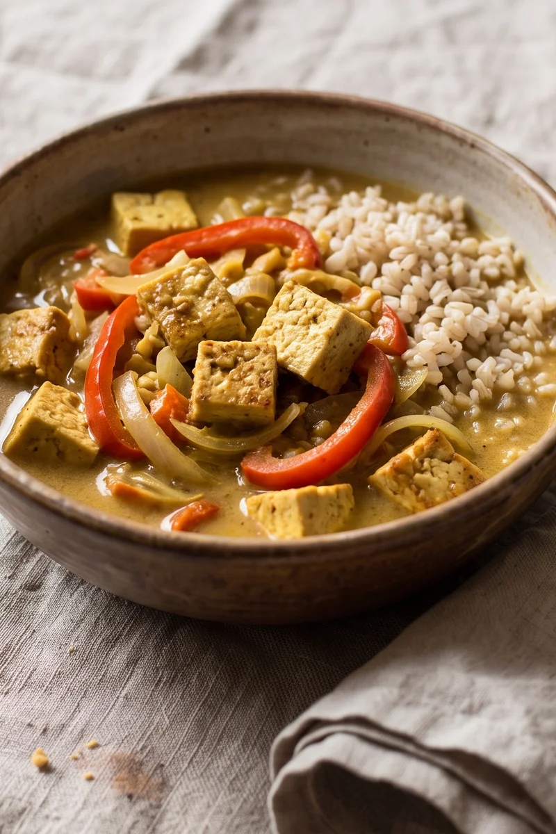 Tofu & Vegetable Coconut Curry with Brown Rice - A mild golden curry with calcium-set tofu and plenty of vegetables