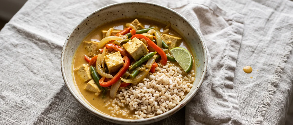 Tofu & Vegetable Coconut Curry with Brown Rice - A mild golden curry with calcium-set tofu and plenty of vegetables