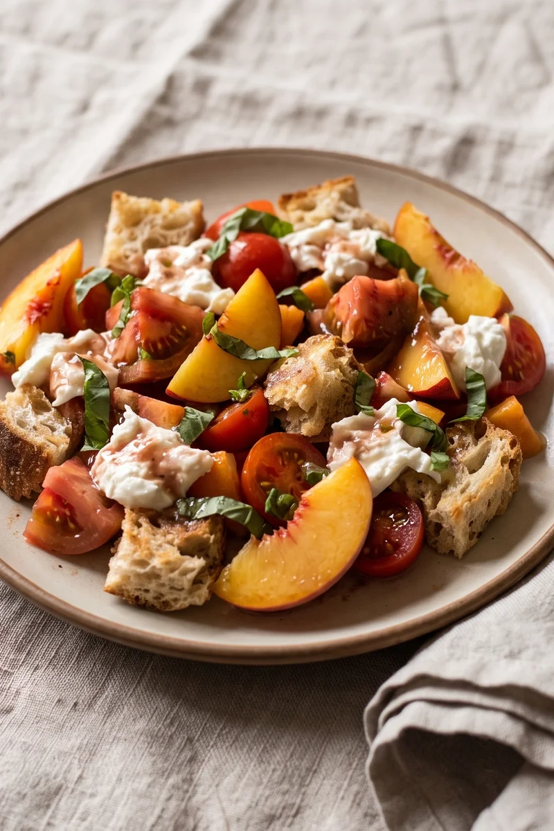 Tomato, Peach & Burrata Panzanella - Torn sourdough croutons with ripe tomatoes, peaches and burrata in a basil vinaigrette