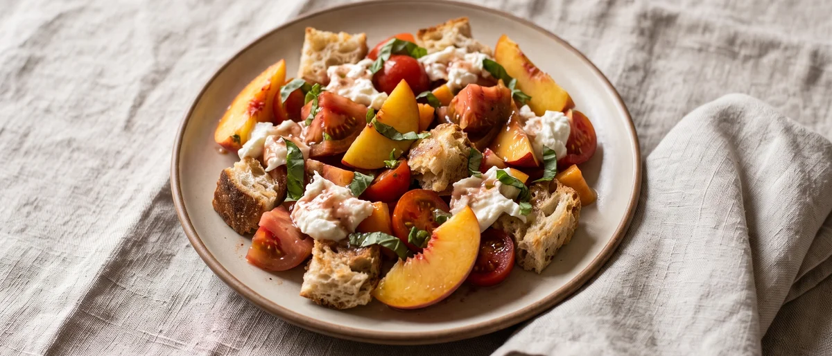 Tomato, Peach & Burrata Panzanella - Torn sourdough croutons with ripe tomatoes, peaches and burrata in a basil vinaigrette