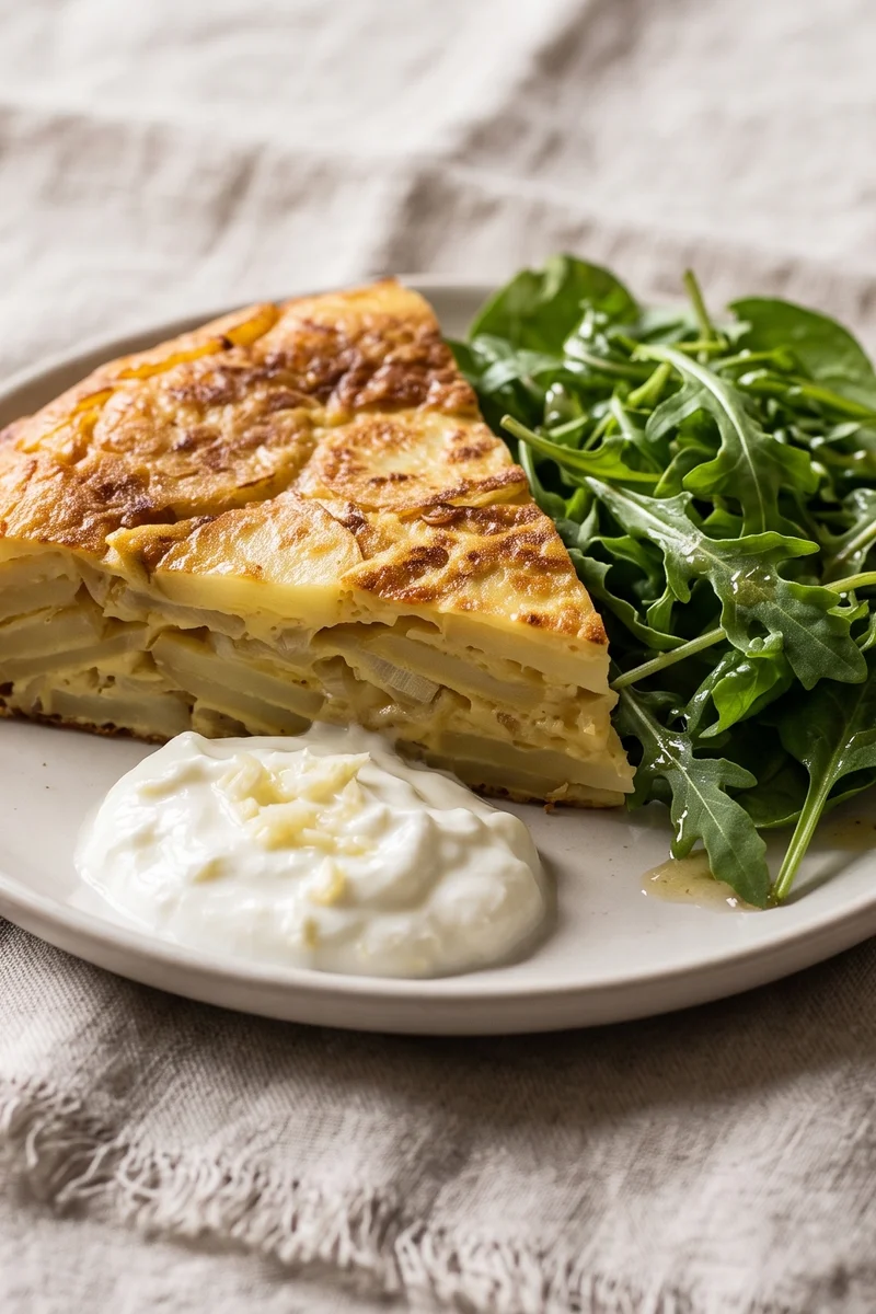 Tortilla Espanola with Garlic Yogurt & Greens - A thick Spanish potato omelet cooked all the way through, with garlic yogurt and dressed greens