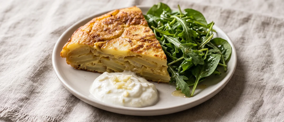 Tortilla Espanola with Garlic Yogurt & Greens - A thick Spanish potato omelet cooked all the way through, with garlic yogurt and dressed greens