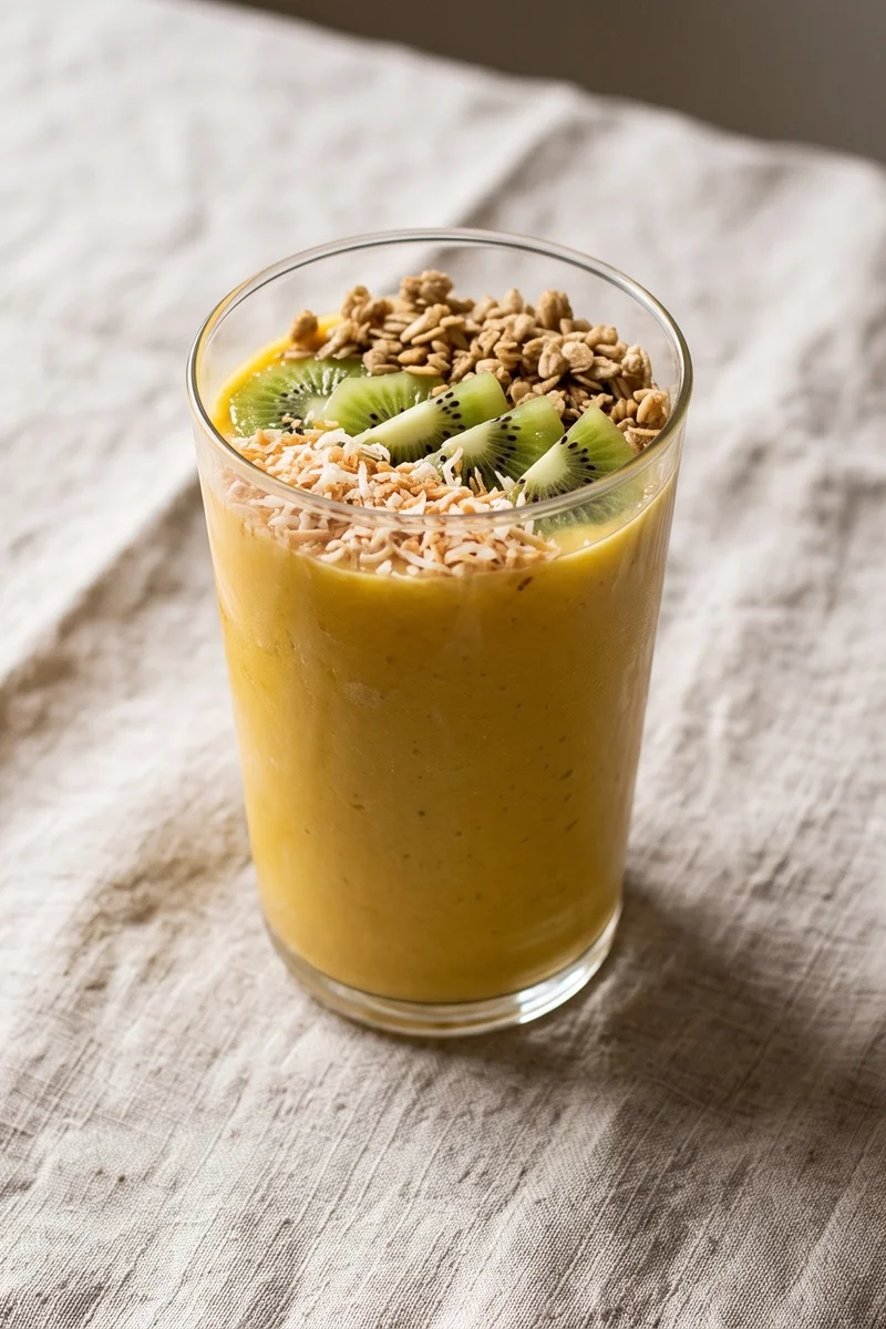 Tropical Sunshine Smoothie Bowl - A thick mango-pineapple-banana blend under coconut, kiwi and granola