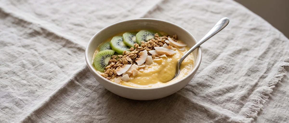 Tropical Sunshine Smoothie Bowl - A thick mango-pineapple-banana blend under coconut, kiwi and granola