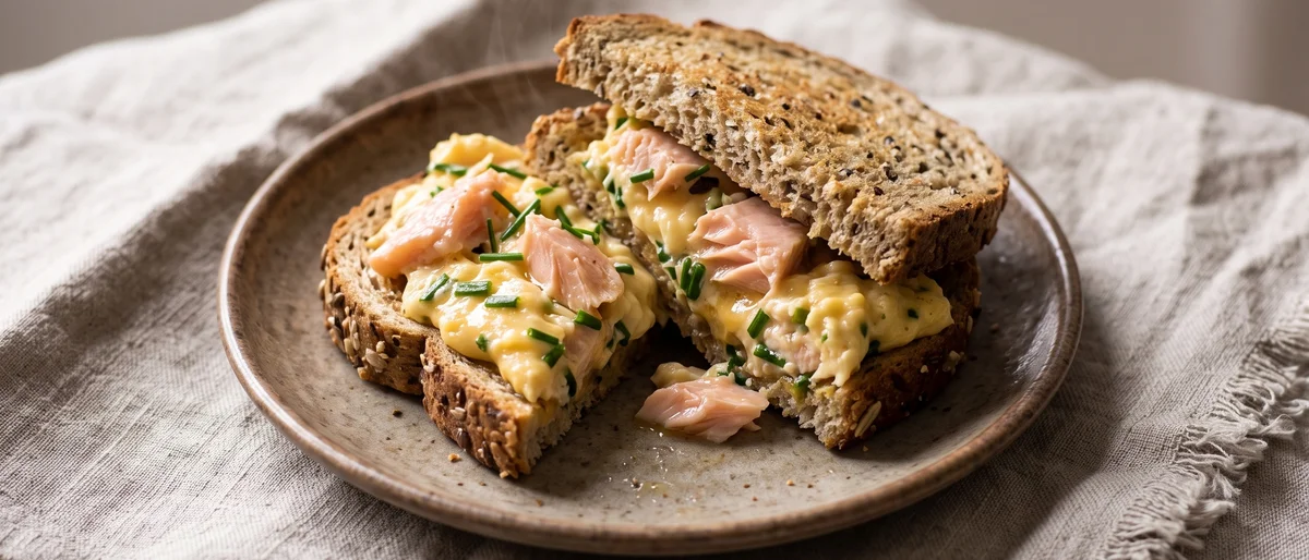 Trout & Chive Scramble on Whole-Grain Toast - Scrambled eggs cooked right through, folded with flakes of cooked trout and chives