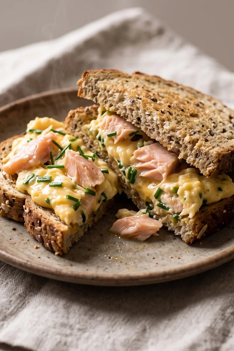 Trout & Chive Scramble on Wholegrain Toast - Soft-set scrambled eggs folded with flakes of cooked trout and chives
