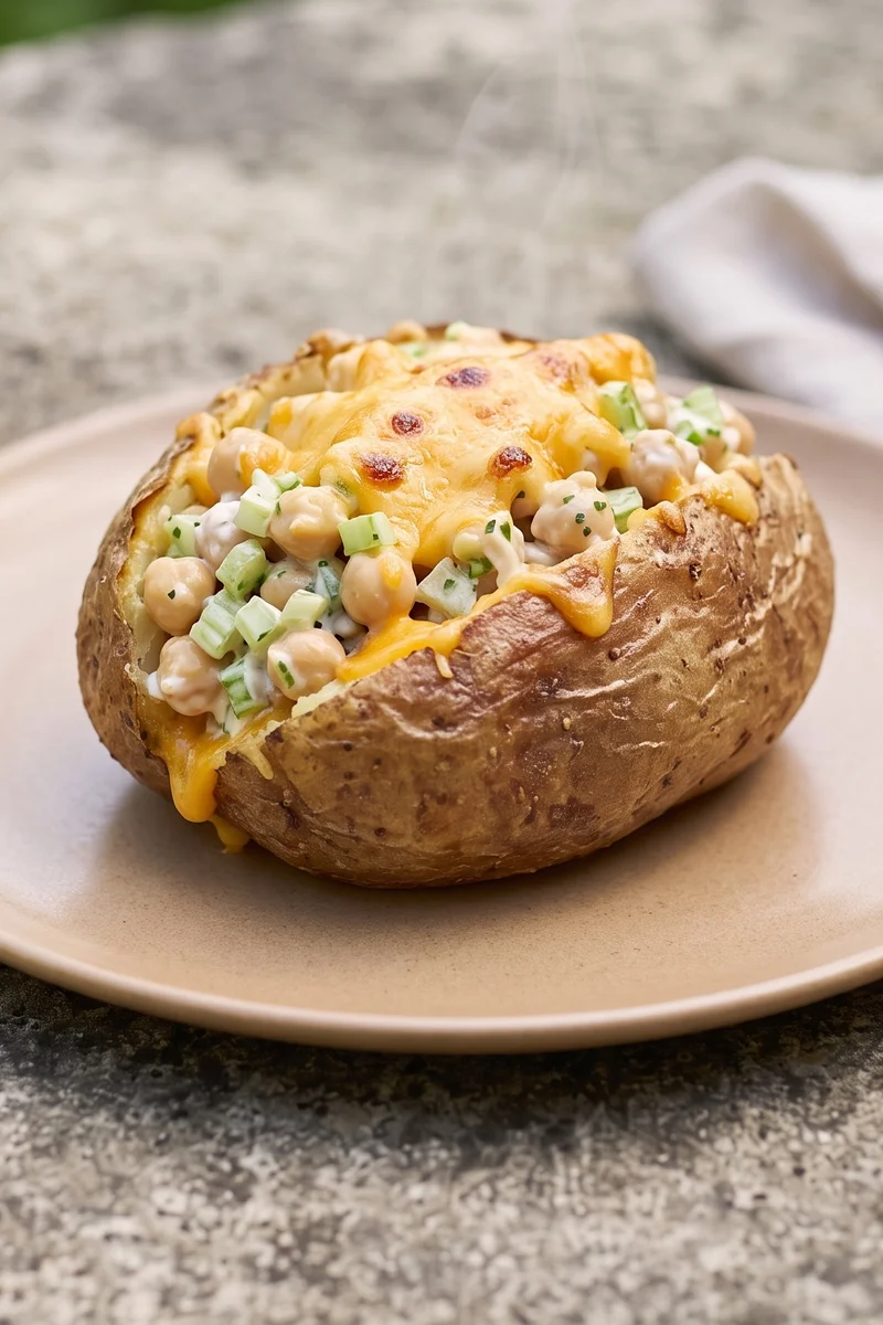 Tuna-Free Chickpea Melt Jacket Potatoes - Crisp jacket potatoes with lemony chickpea salad and grilled cheddar