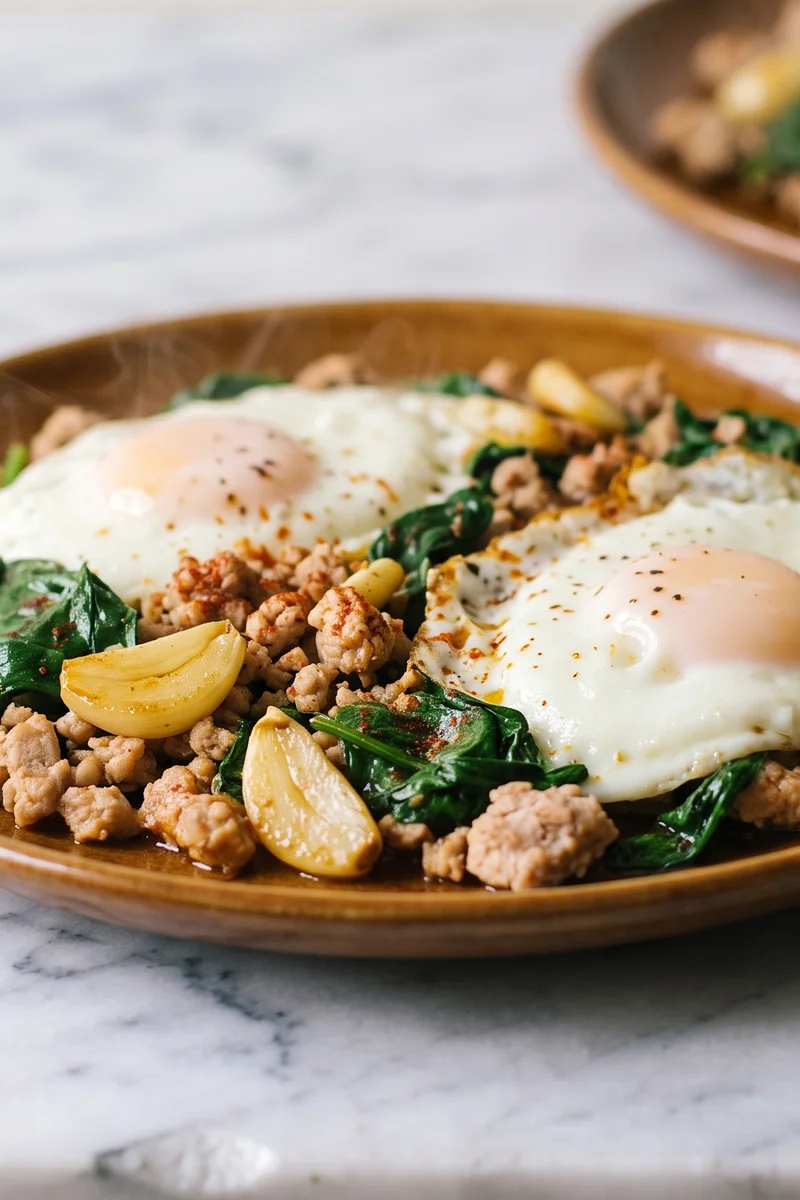 Turkey & Spinach Breakfast Skillet - Lean ground turkey with garlic, spinach and eggs in one pan