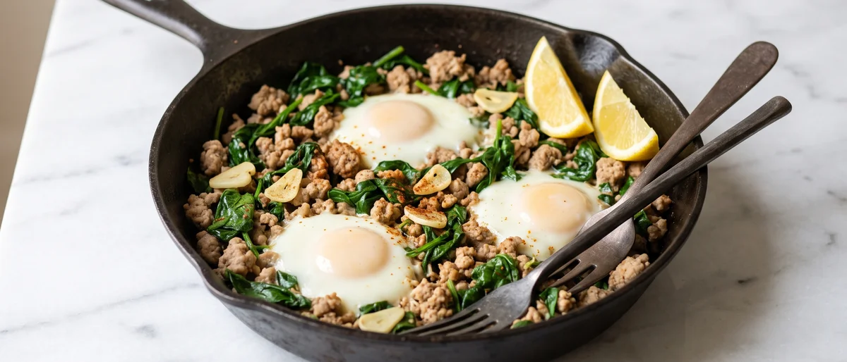 Turkey & Spinach Breakfast Skillet - Lean ground turkey with garlic, spinach and eggs in one pan