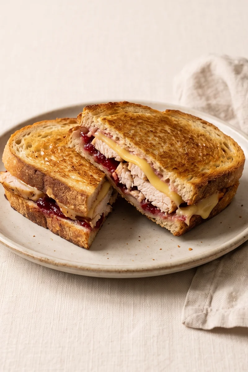 Turkey, Cranberry & Brie-Free Cheddar Toastie - Roast turkey, cranberry sauce and sharp cheddar pressed into golden sourdough