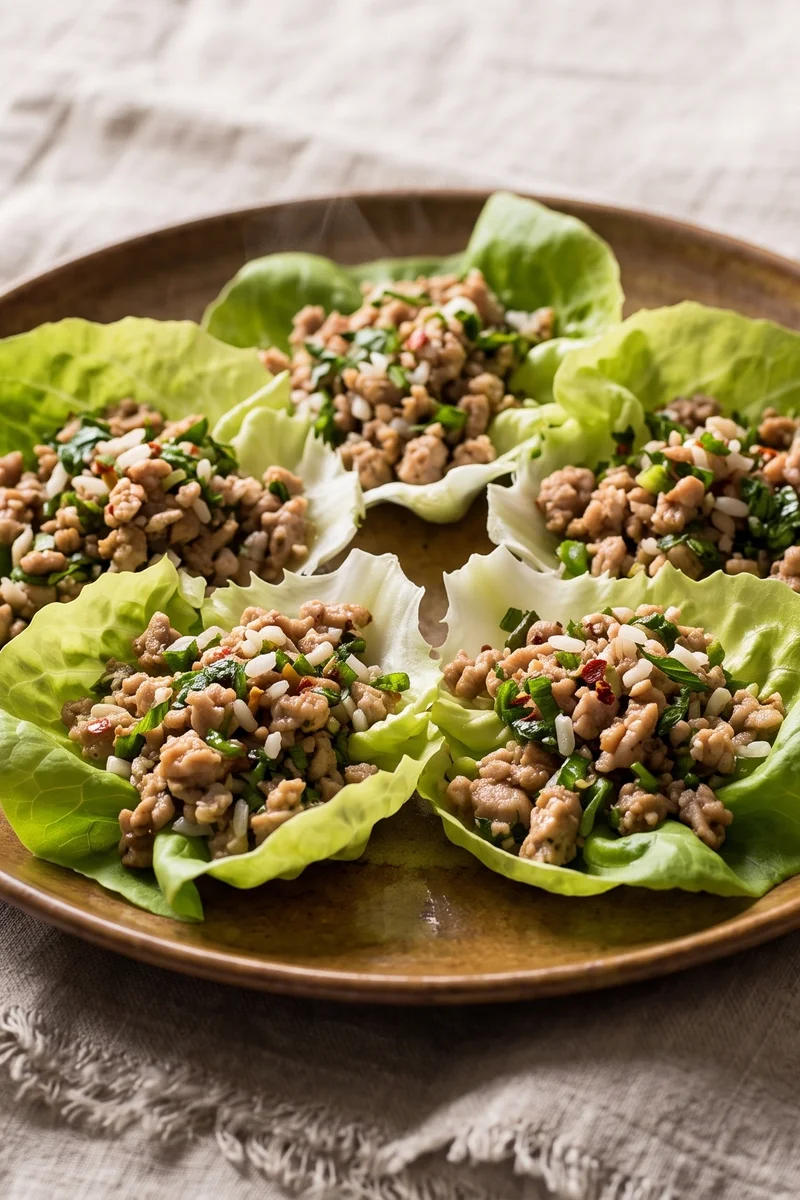 Turkey Larb-Style Lettuce Cups - Thai-style spiced turkey with lime, herbs and toasted rice crunch, scooped into lettuce cups