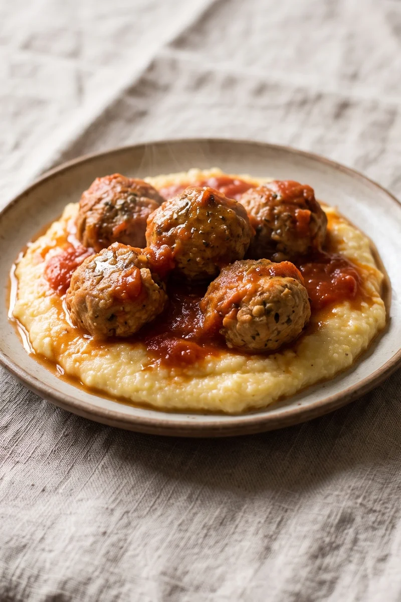 Turkey Meatballs in Tomato Sauce with Polenta - Tender turkey meatballs over soft Parmesan polenta