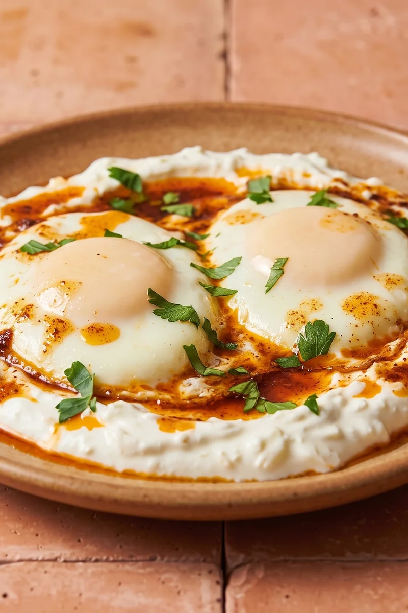 Turkish-Style Eggs with Garlic Yogurt (Fully Set) - Cilbir reimagined pregnancy-safe: fully-cooked eggs over garlicky yogurt with warm paprika butter