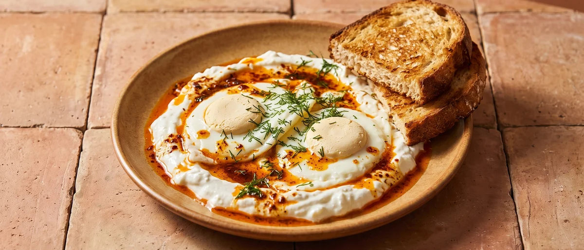 Turkish-Style Eggs with Garlic Yogurt (Fully Set) - Cilbir reimagined pregnancy-safe: fully-cooked eggs over garlicky yogurt with warm paprika butter