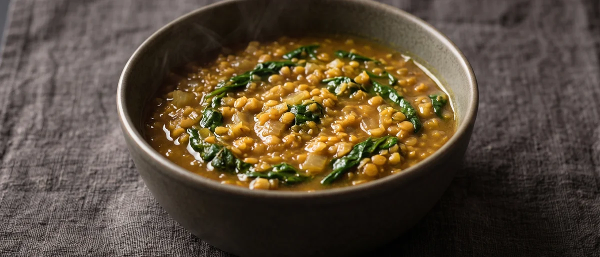 Turmeric Red Lentil & Spinach Stew - A one-pot red lentil stew with turmeric, ginger and spinach that thickens as it simmers