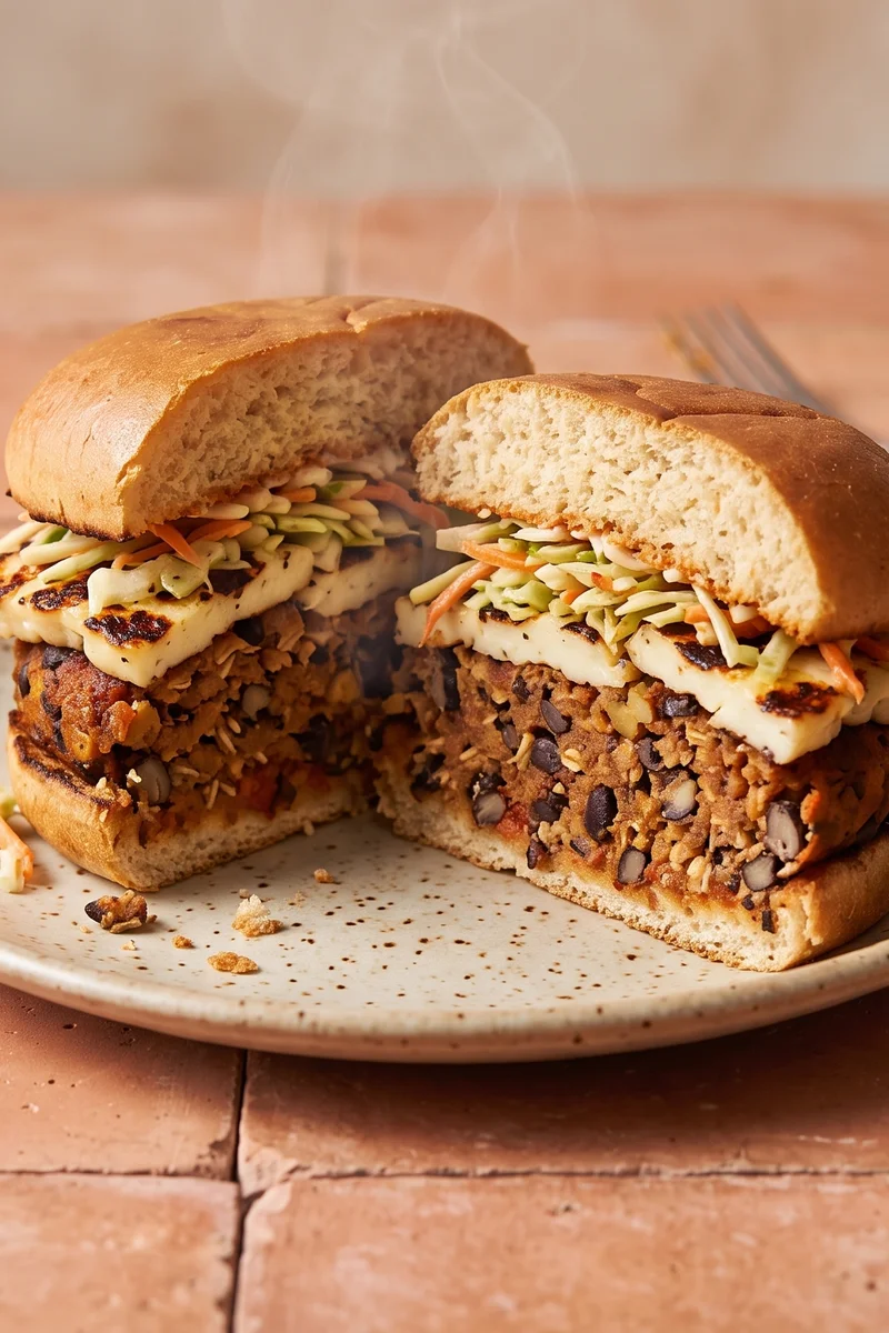 Ultimate Veggie Burgers with Halloumi & Slaw - Smoky bean-and-oat burgers stacked with grilled halloumi and crunchy slaw