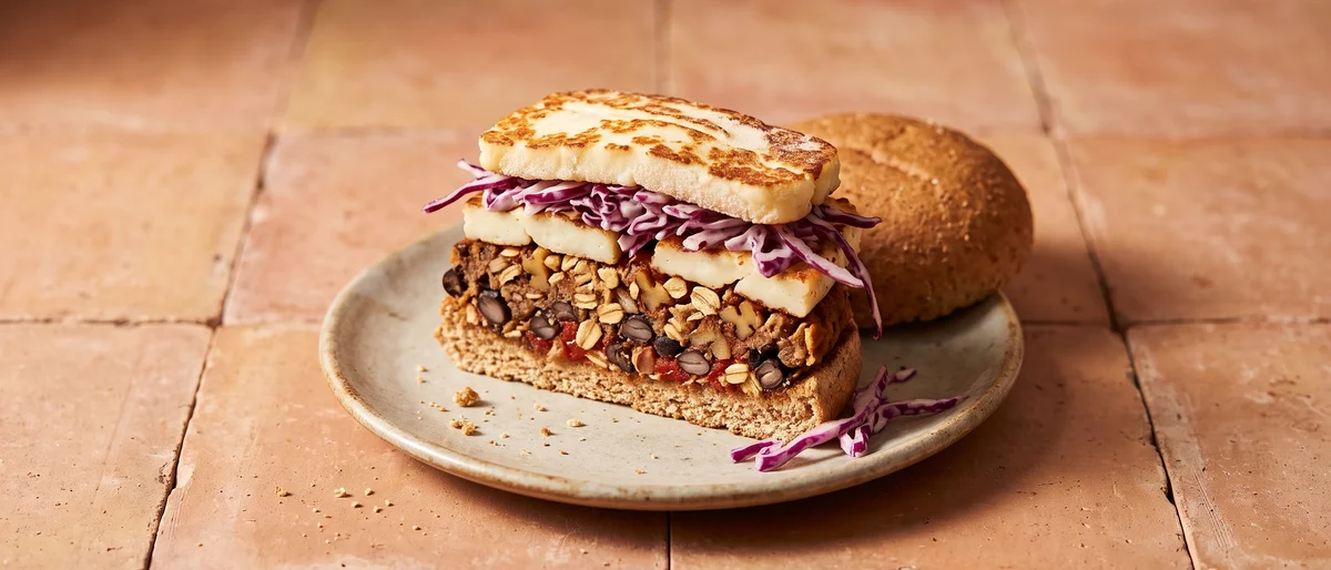 Ultimate Veggie Burgers with Halloumi & Slaw - Smoky bean-and-oat burgers stacked with seared halloumi and crunchy slaw