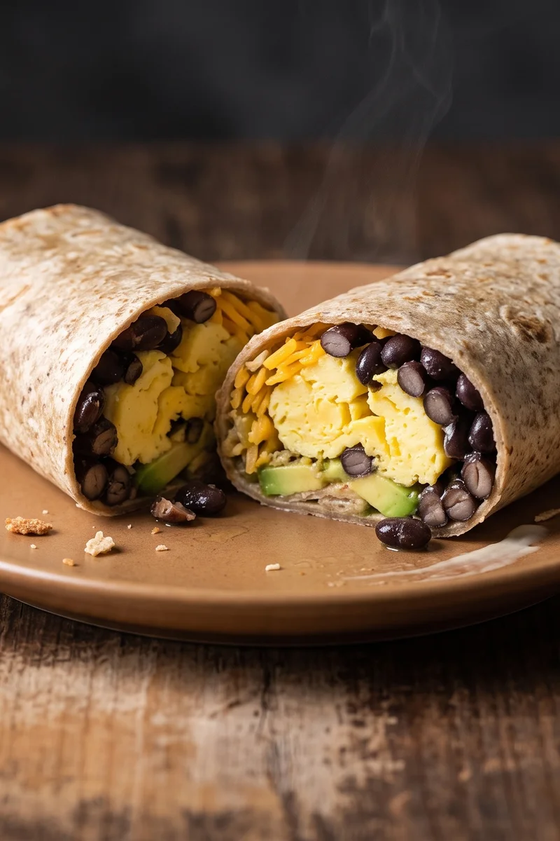 Veggie Breakfast Burrito - Well-cooked scrambled eggs, black beans and avocado in a wholegrain wrap