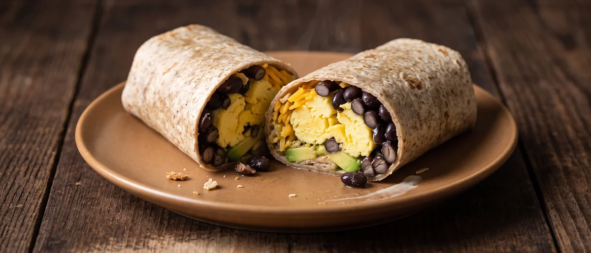 Veggie Breakfast Burrito - Well-cooked scrambled eggs, black beans and avocado in a whole-grain wrap