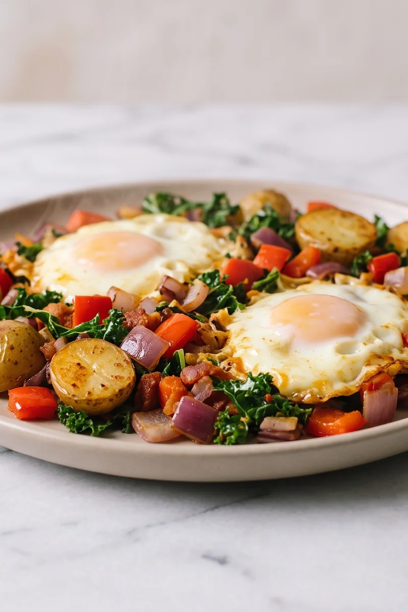 Veggie Sausage-Free Breakfast Hash with Eggs - A crispy potato, pepper and kale hash with eggs cooked right in the pan