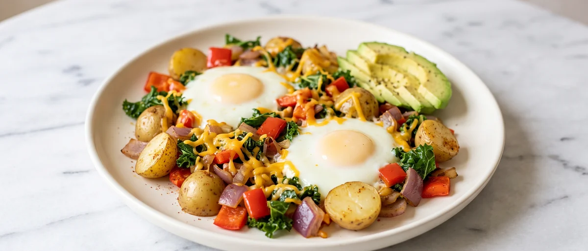 Veggie Sausage-Free Breakfast Hash with Eggs - A crispy potato, pepper and kale hash with eggs cooked right in the pan