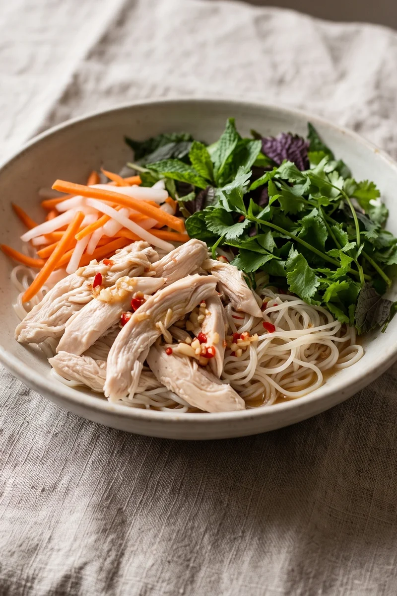 Vietnamese-Style Chicken Noodle Salad - Rice noodles, poached chicken, pickled carrot and a pile of herbs with nuoc-cham-style dressing