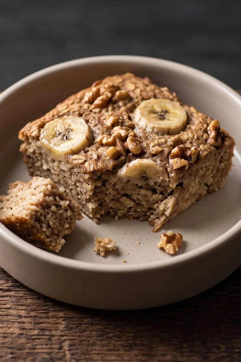 Walnut & Banana Baked Oatmeal - A tray of soft, cake-like baked oats with banana, walnuts and cinnamon