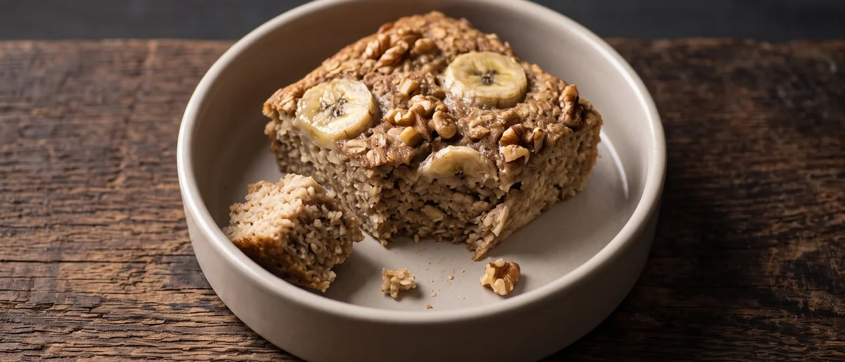 Walnut & Banana Baked Oatmeal - A dish of soft, cake-like baked oats with banana, walnuts and cinnamon