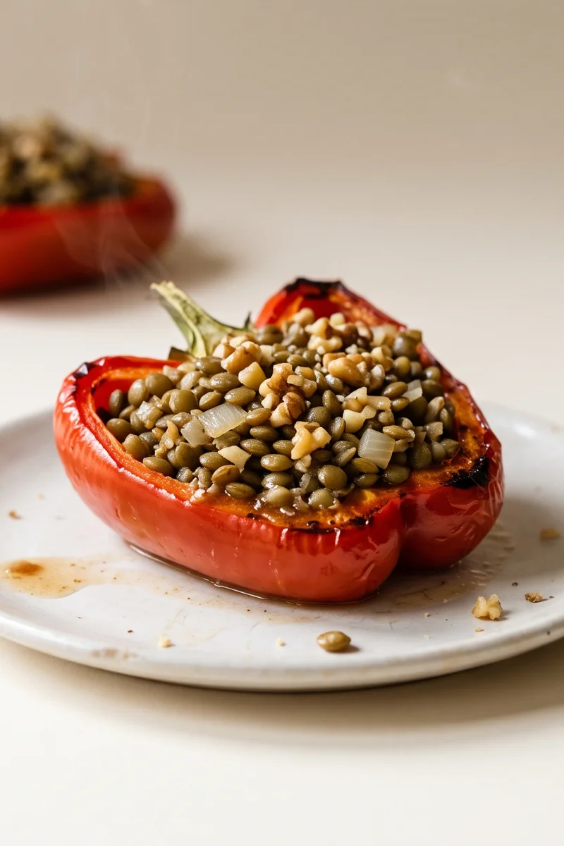 Walnut & Lentil Stuffed Peppers - Roasted peppers filled with a savory walnut-lentil crumble